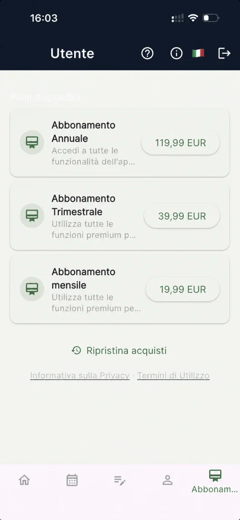 Schermata Elara Meal con i piani di abbonamento