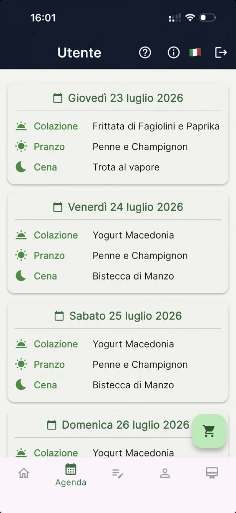 Agenda settimanale di Elara Meal con colazione, pranzo e cena