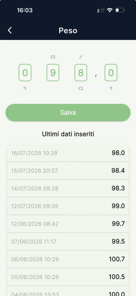 Schermata per registrare il peso e consultare gli ultimi dati