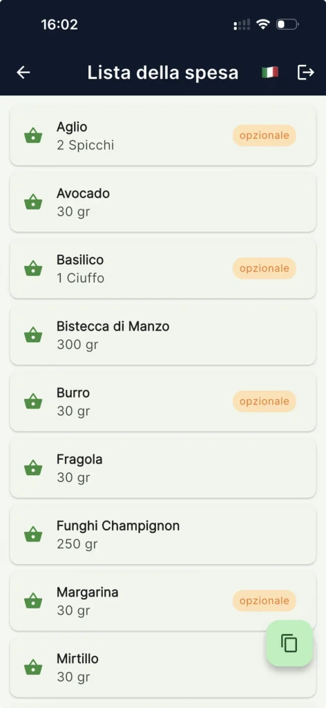 Lista della spesa generata da Elara Meal