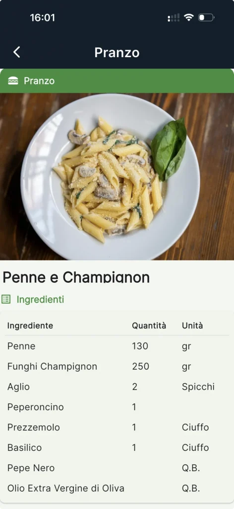 Ingredienti e quantità di una ricetta in Elara Meal